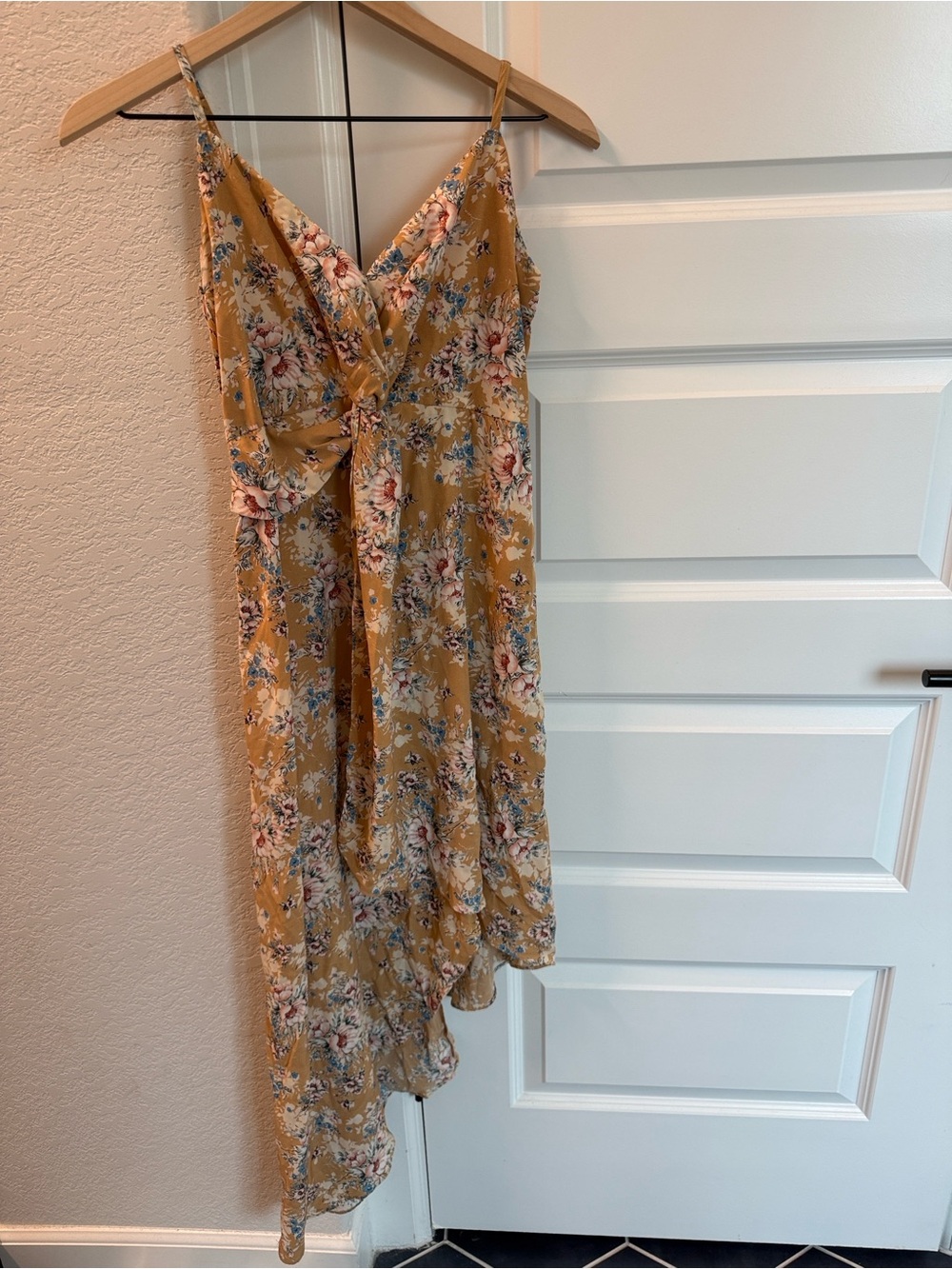 Lush Mustard Floral High-Low Spaghetti Strap Dress